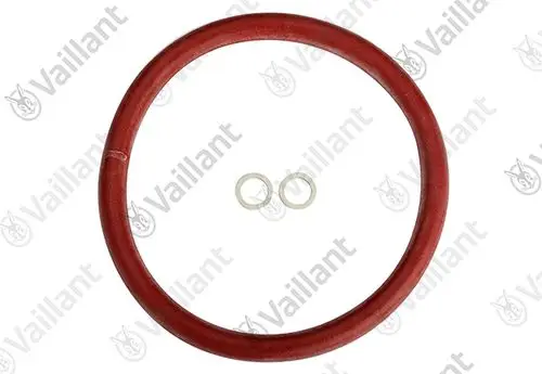 Vaillant Dichtungssatz mit rotem O-Ring und zwei kleinen Dichtungen, geeignet für Brennerwartung.